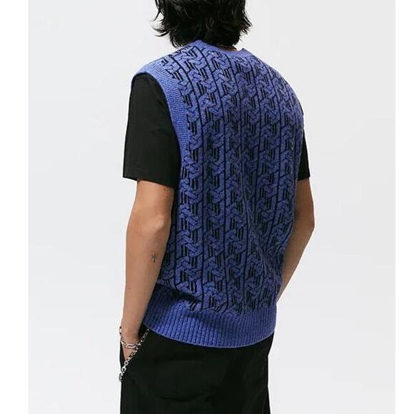 Zara Geometric Knit Vest V-Neck Sweater Pullover Wool Blend Ribbed Trim Top Blue - Picture 3 of 7